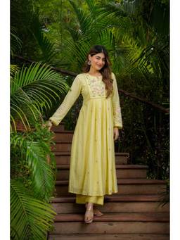Tankori - Yellow Floral Chanderi Silk Kurta with Pant and Dupatta
