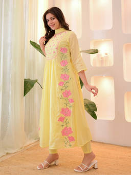 Tankori - Yellow Floral Silk Blend Kurta with Pant and Dupatta