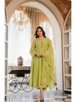 Tankori - Green Embroidered Chanderi Silk Kurta with Pant and Dupatta