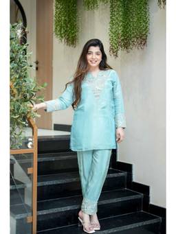 Tankori - Blue Embroidered Silk Blend Kurta and Pant