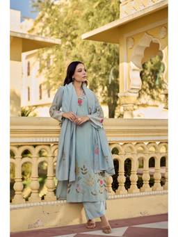 Tankori - Blue Floral Chanderi Silk Kurta with Pant and Dupatta