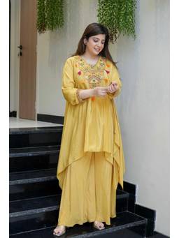 Tankori - Yellow Embroidered Crepe Kurta and Palazzo