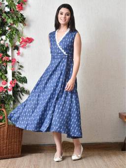 DECKEDUP - Blue Printed Cotton A-Line Dress