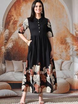 DECKEDUP - Black Floral Cotton Flared Dress