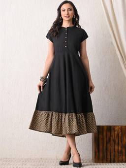DECKEDUP - Black Self Design Cotton A-Line Dress
