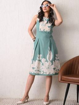 DECKEDUP - Green Floral Cotton Flared Dress