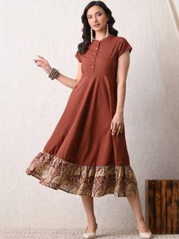 DECKEDUP - Brown Paisley Cotton Flared Dress