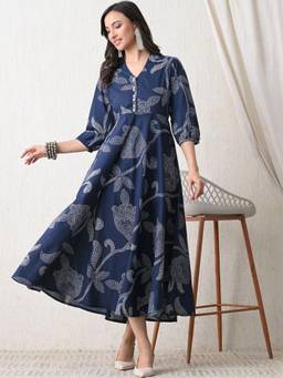 DECKEDUP - Navy Blue Floral Cotton A-Line Dress