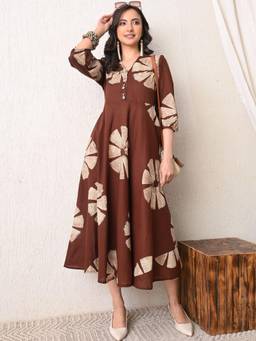 DECKEDUP - Brown Abstract Cotton Flared Dress