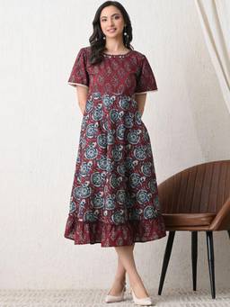 DECKEDUP - Maroon Floral Cotton Flared Dress