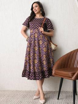 DECKEDUP - Purple Floral Cotton A-Line Dress