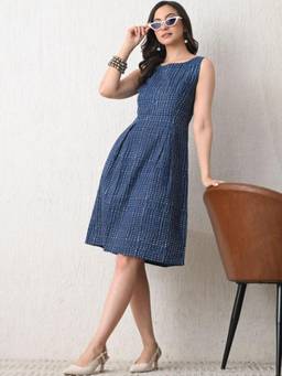 DECKEDUP - Blue Printed Cotton A-Line Dress