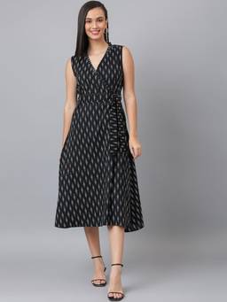 DECKEDUP - Black Printed Cotton Flared Dress