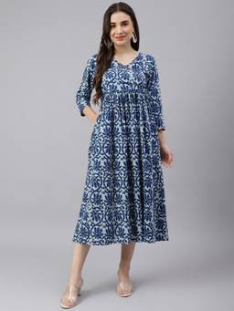 DECKEDUP - Blue Printed Cotton A-Line Dress