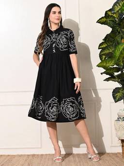 DECKEDUP - Black Floral Cotton Empire Dress