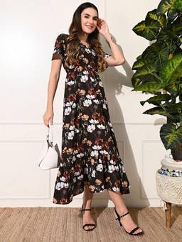 DECKEDUP - Brown Floral Cotton A-Line Dress