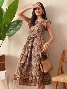 DECKEDUP - Brown Paisley Cotton A-Line Dress