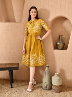 DECKEDUP - Mustard Floral Cotton A-Line Dress