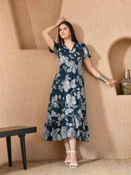 DECKEDUP - Navy Blue Floral Cotton Empire Dress
