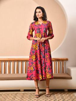 DECKEDUP - Red Printed Cotton Flared Dress