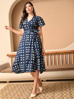 DECKEDUP - Blue Polka Dots Cotton A-Line Dress