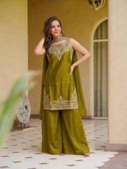 TWINS LADY - Olive Embroidered Satin Kurta with Palazzo and Dupatta