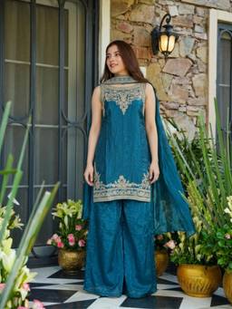 TWINS LADY - Teal Embroidered Satin Kurta with Palazzo and Dupatta