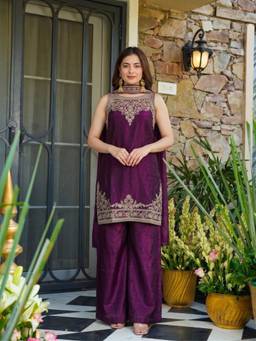 TWINS LADY - Purple Embroidered Satin Kurta with Palazzo and Dupatta