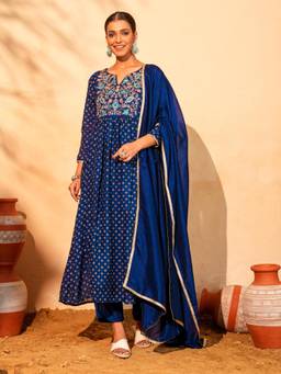 TWINS LADY - Blue Embroidered Rayon Kurta with Pant and Dupatta