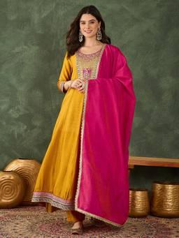 TWINS LADY - Mustard Embroidered Rayon Kurta with Pant and Dupatta