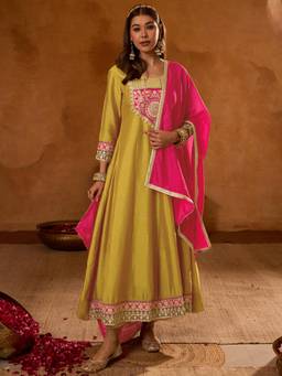 TWINS LADY - Mustard Embroidered Silk Kurta with Pant and Dupatta