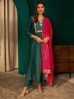 TWINS LADY - Green Embroidered Silk Kurta with Pant and Dupatta