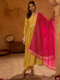 TWINS LADY - Mustard Embroidered Silk Kurta with Pant and Dupatta
