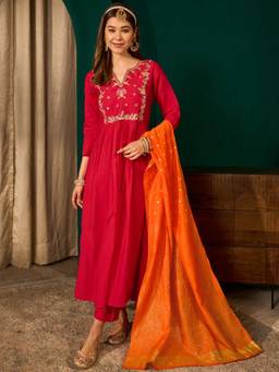 TWINS LADY - Red Embroidered Silk Kurta with Pant and Dupatta