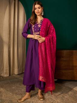 TWINS LADY - Purple Embroidered Silk Kurta with Pant and Dupatta