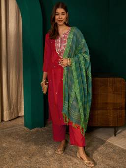TWINS LADY - Red Embroidered Silk Kurta with Pant and Dupatta