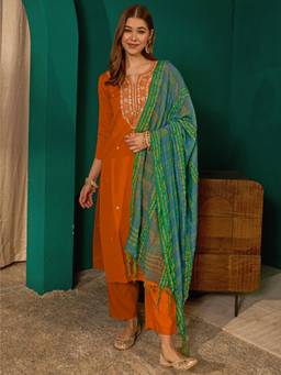TWINS LADY - Orange Embroidered Silk Kurta with Pant and Dupatta