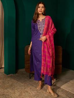 TWINS LADY - Purple Embroidered Silk Kurta with Pant and Dupatta