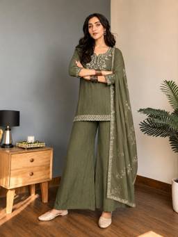 TWINS LADY - Green Embroidered Silk Kurta with Palazzo and Dupatta