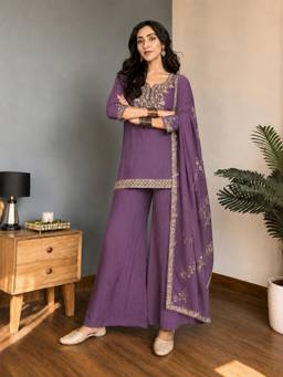 TWINS LADY - Pink Embroidered Silk Kurta with Palazzo and Dupatta