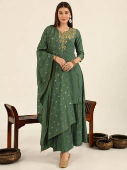 TWINS LADY - Green Embroidered Cotton Blend Kurta with Palazzo and Dupatta