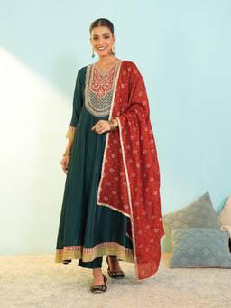 TWINS LADY - Teal Embroidered Silk Kurta with Pant and Dupatta