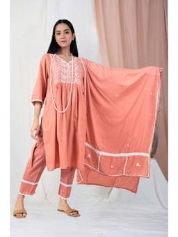 Zuri - Rust Embroidered Cotton Kurta with Pant and Dupatta