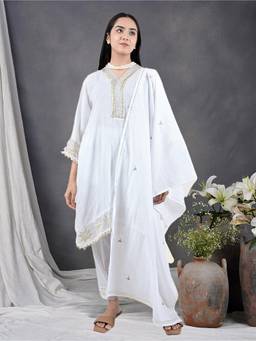 Zuri - White Self Design Cotton Kurta with Pant and Dupatta