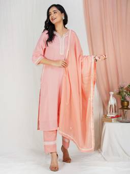 Zuri - Peach Embroidered Cotton Kurta with Pant and Dupatta
