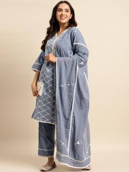 Zuri - Grey Embroidered Cotton Kurta with Pant and Dupatta