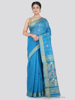 PinkLoom - Women's Cotton Blend Saree with Unstitched Blouse Piece, Blue