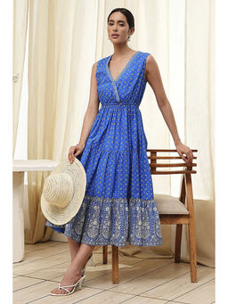 Biba - Women Blue Cotton Tiered Printed Dress