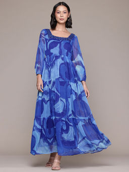 Aarke Ritu Kumar - Blue Laurelled Printed Long Dress
