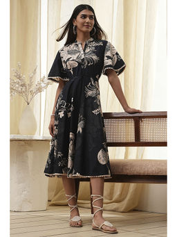 Biba - Women Black Cotton Floral Flared Dress